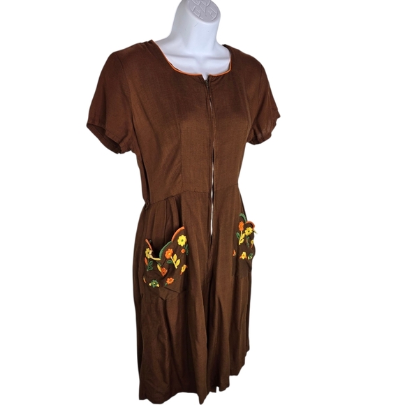 Vtg 60s Brown Embroidered Floral Pockets Shorts Romper Jumpsuit - Picture 1 of 11